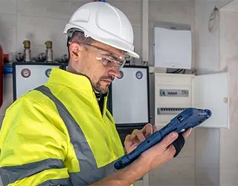 Image homme-technicien-electricien-travaillant-dans-standard-fusibles-utilise-tablette